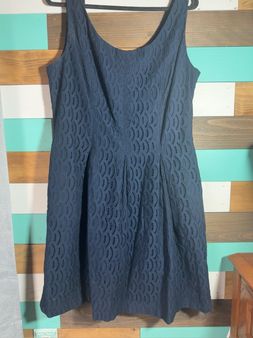 Lord & Taylor Dress Women’s 16 Navy Cotton Eyelet Fit Flare Lined Pockets
